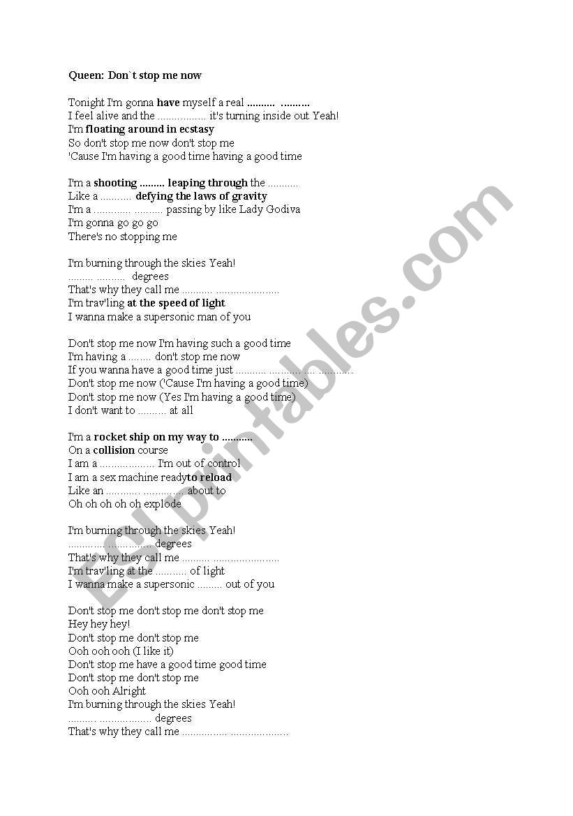 Queen song: Don`t stop me now worksheet